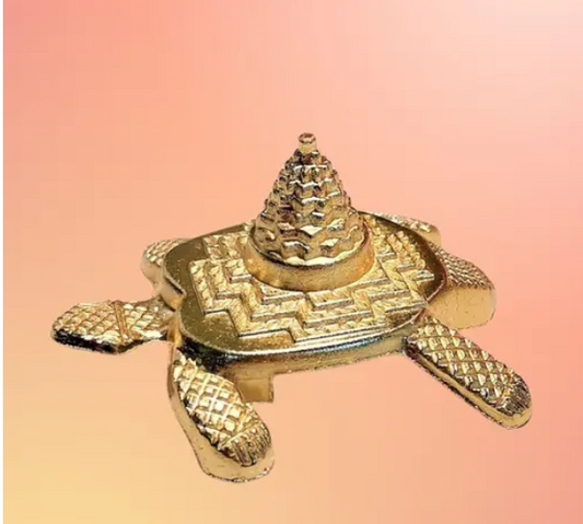 HARIDWAR TRENDS Meru Shree Yantra on Kachua - Tortoise For Pooja (7 x 5.5 x 3 cm,Golden) BRASS MERU TORTOISE (KACHUA)