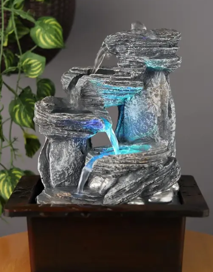 DAY CREATION Tabletop Water Fountain, Environmental Resin Meditation Fountain, Desktop 4-Tier Fountain, Indoor Waterfall Feature with Light for Home Office Decor Relaxation (Waterfall-1) Grey