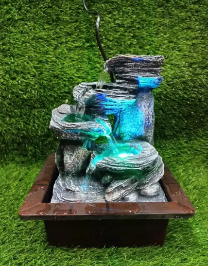 DAY CREATION Tabletop Water Fountain, Environmental Resin Meditation Fountain, Desktop 4-Tier Fountain, Indoor Waterfall Feature with Light for Home Office Decor Relaxation (Waterfall-1) Grey