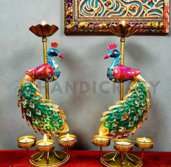 Handicraft Metal Peacock Pair Candle Holder Showpieces