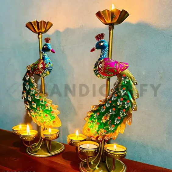 Handicraft Metal Peacock Pair Candle Holder Showpieces